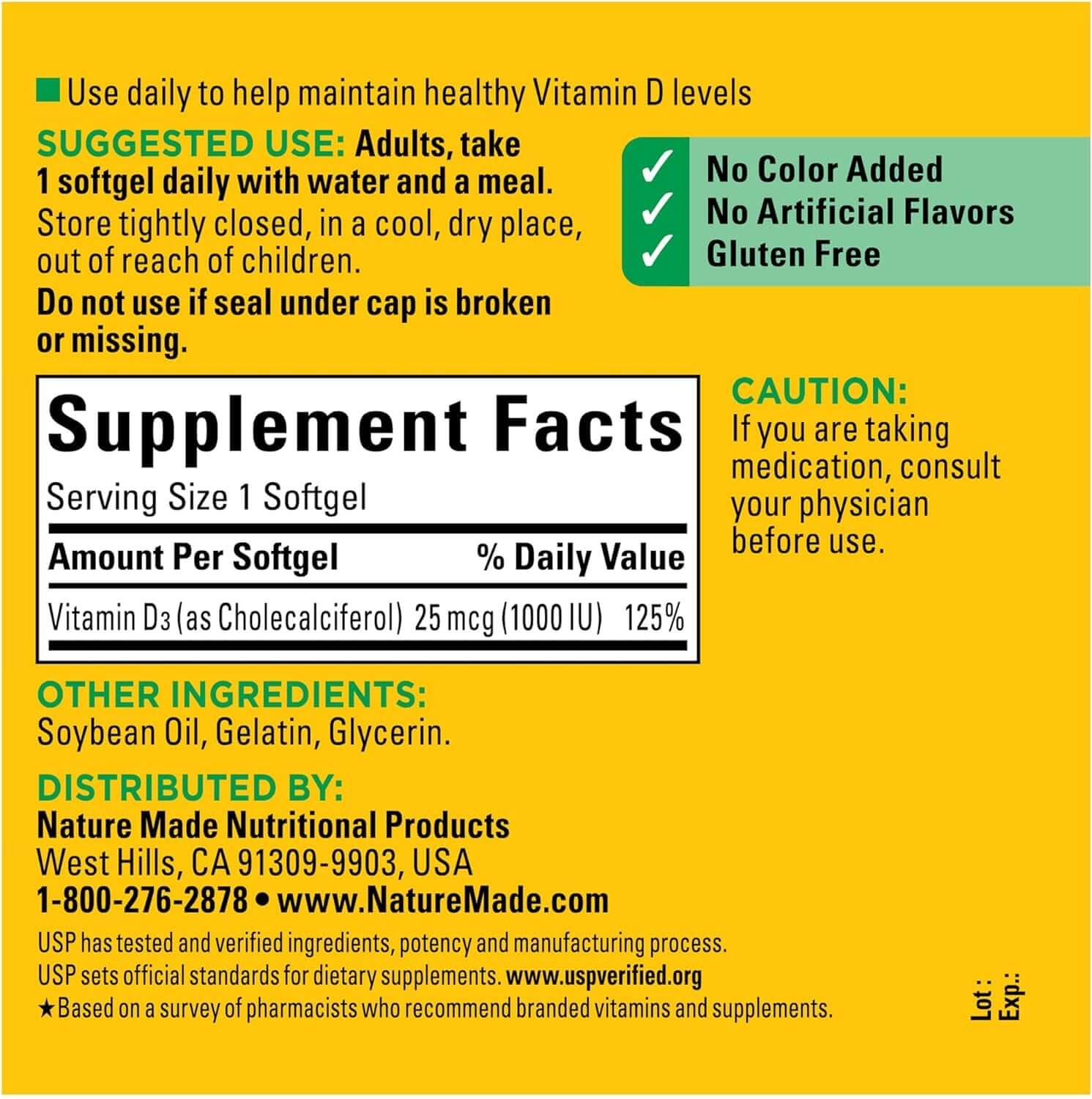 Nature Made Vitamin D3 1000 IU (25 Mcg), Dietary Supplement for Bone, Teeth, Muscle and Immune Health Support, 300 Softgels, 300 Day Supply - Vitamen Store