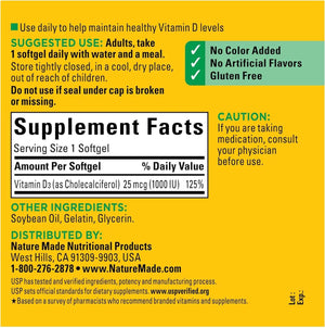 Nature Made Vitamin D3 1000 IU (25 Mcg), Dietary Supplement for Bone, Teeth, Muscle and Immune Health Support, 300 Softgels, 300 Day Supply - Vitamen Store