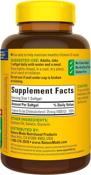 Nature Made Vitamin D3 1000 IU (25 Mcg), Dietary Supplement for Bone, Teeth, Muscle and Immune Health Support, 300 Softgels, 300 Day Supply - Vitamen Store
