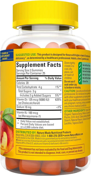 Nature Made Vitamin D3 K2 Gummies, Vitamin D3 5000 IU per Serving, Bone, Teeth, Muscle, Immune Health Support, 50 Vitamin D + K2 Gummy Vitamins, 25 Day Supply - Vitamen Store