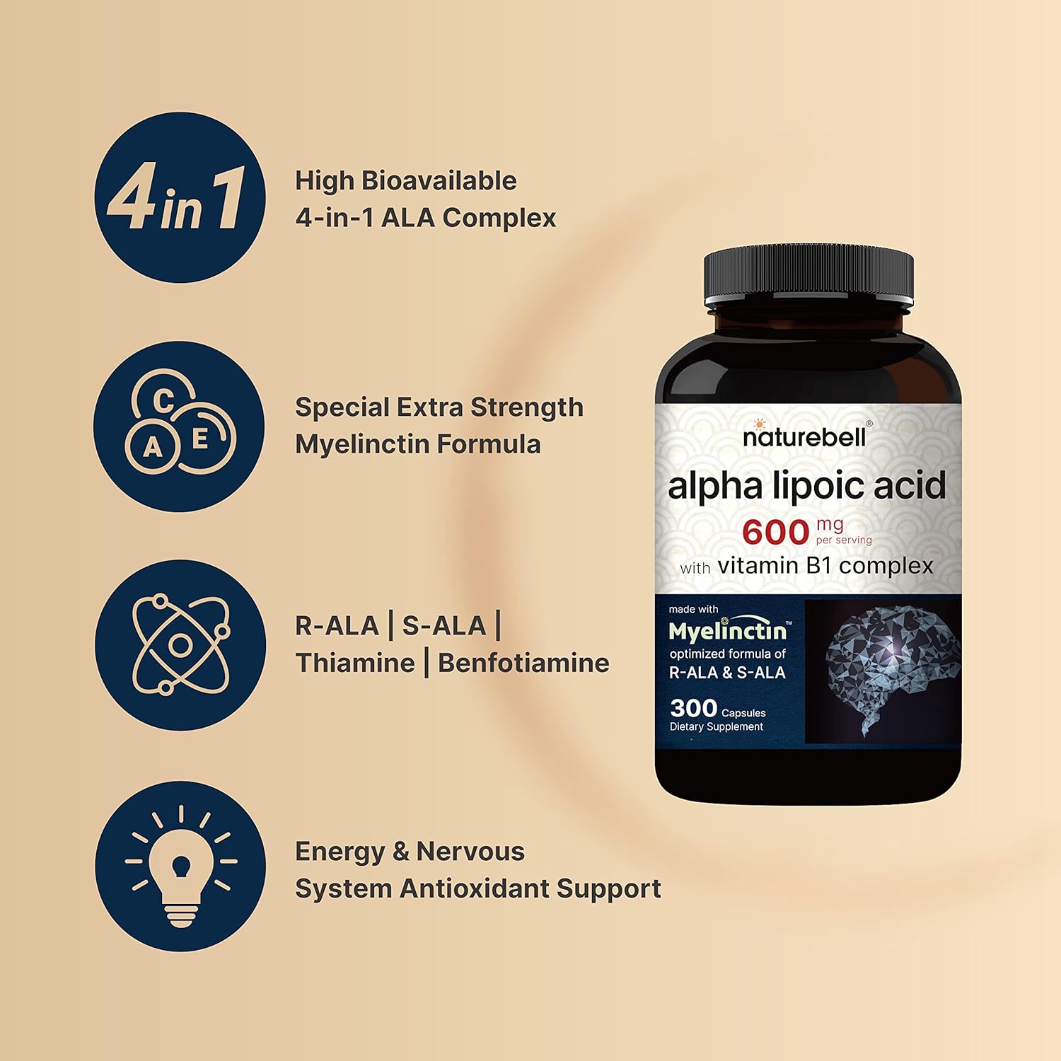 Naturebell Alpha Lipoic Acid Complex, 600Mg, 300 Capsules | 4 - In - 1 Myelinctin Formula with R - ALA, S - ALA, Thiamine & Benfotiamine | High Absorption & Antioxidant Support | Non - Gmo, Gluten - Free - Vitamen Store