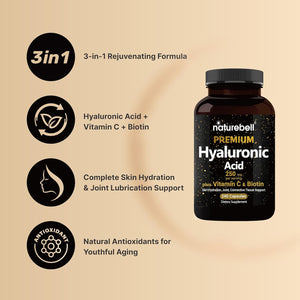 Naturebell Hyaluronic Acid Supplements 250Mg | 240 Capsules, with Biotin 5000Mcg & Vitamin C 25Mg, 3 in 1 Support - Vitamen Store