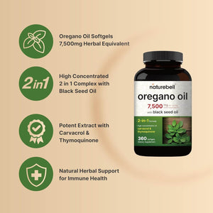 Naturebell Oregano Oil 7,500Mg with Black Seed Oil, 360 Softgels | 360 - Day Supply Essential Oils for Immune Health | Retains High Concentrated Carvacrol & Thymoquinone – Non - Gmo - Vitamen Store