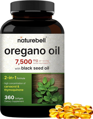 Naturebell Oregano Oil 7,500Mg with Black Seed Oil, 360 Softgels | 360 - Day Supply Essential Oils for Immune Health | Retains High Concentrated Carvacrol & Thymoquinone – Non - Gmo - Vitamen Store