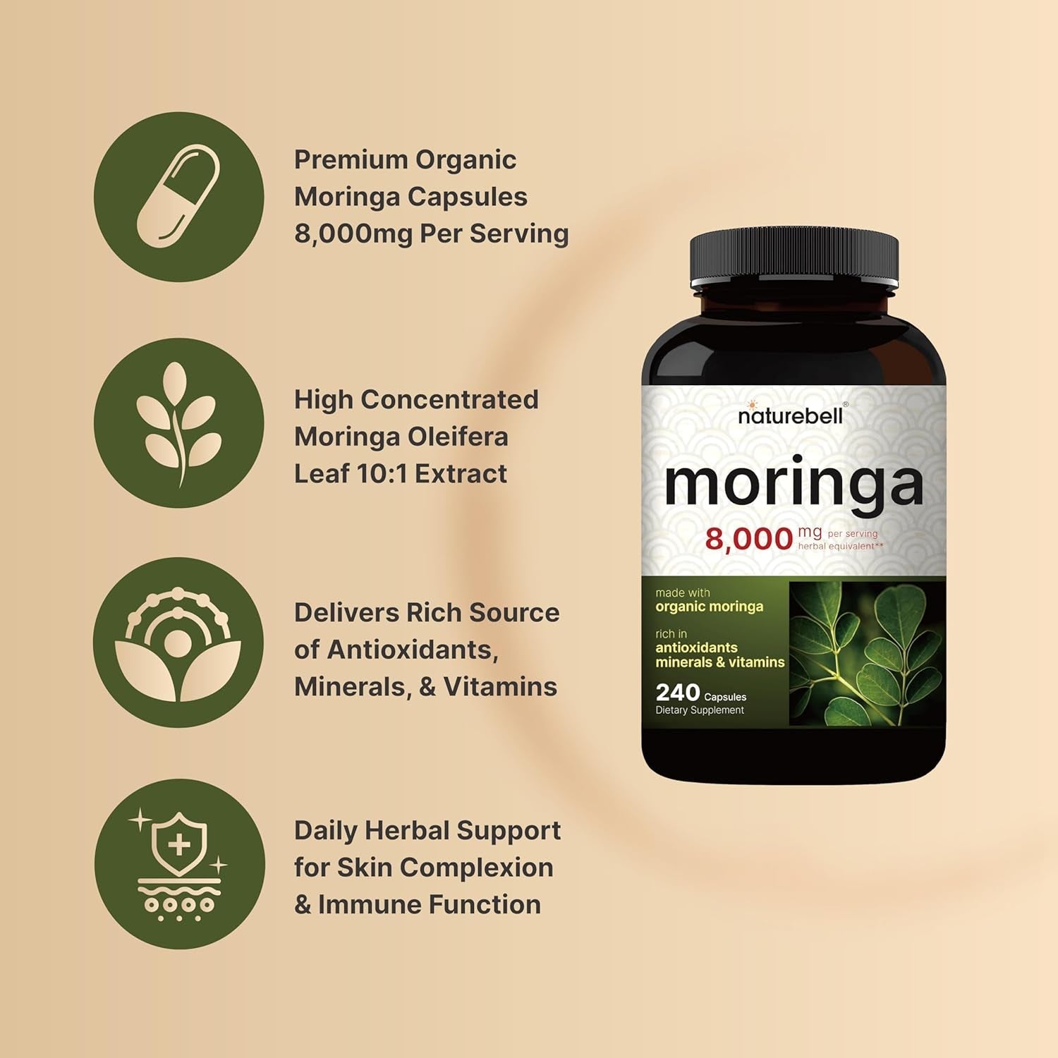 Naturebell Pure Moringa Capsules 8000Mg per Serving - Made with Moringa Powder Organic, 240 Capsules - Non - Gmo, Gluten Free, 4 Month Supply - Vitamen Store