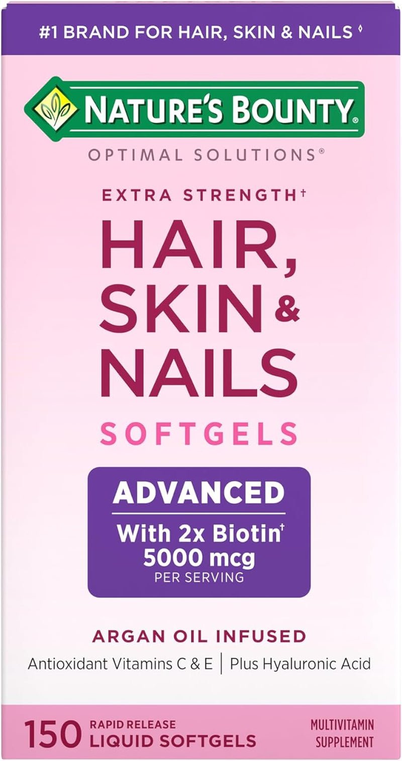 Nature's Bounty Advanced Hair, Skin & Nails – Argan - Infused Supplement with Biotin and Hyaluronic Acid – 150 Rapid Release Softgels (50 Servings) - Vitamen Store