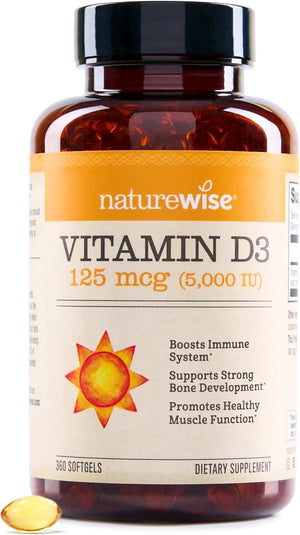 Naturewise Vitamin D3 5000Iu (125 Mcg) 1 Year Supply for Immune Support, Healthy Muscle Function, and Bone Health - Non - Gmo, Gluten Free in Organic Extra Virgin Olive Oil, (Mini Softgel), 360 Count - Vitamen Store
