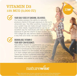 Naturewise Vitamin D3 5000Iu (125 Mcg) 1 Year Supply for Immune Support, Healthy Muscle Function, and Bone Health - Non - Gmo, Gluten Free in Organic Extra Virgin Olive Oil, (Mini Softgel), 360 Count - Vitamen Store