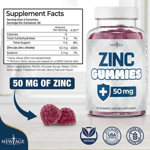 NEW AGE Zinc Gummies – 50mg Zinc Supplement – 2 Pack, 120 Gummies – Non - GMO - Vitamen Store