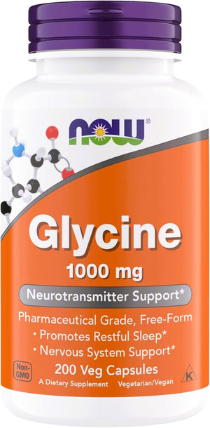 NOW Foods Glycine 1000 mg – Free - Form Pharmaceutical Grade – Gluten - Free – Vegan – Kosher – 200 Vegetarian Capsules (Pack of 1) - Vitamen Store