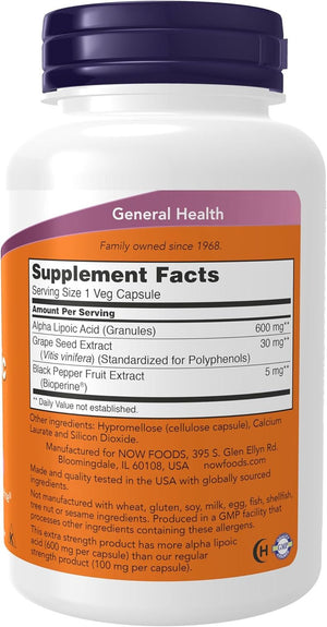 NOW Foods Supplements, Alpha Lipoic Acid 600 Mg with Grape Seed Extract & Bioperine®, Extra Strength, 120 Veg Capsules - Vitamen Store