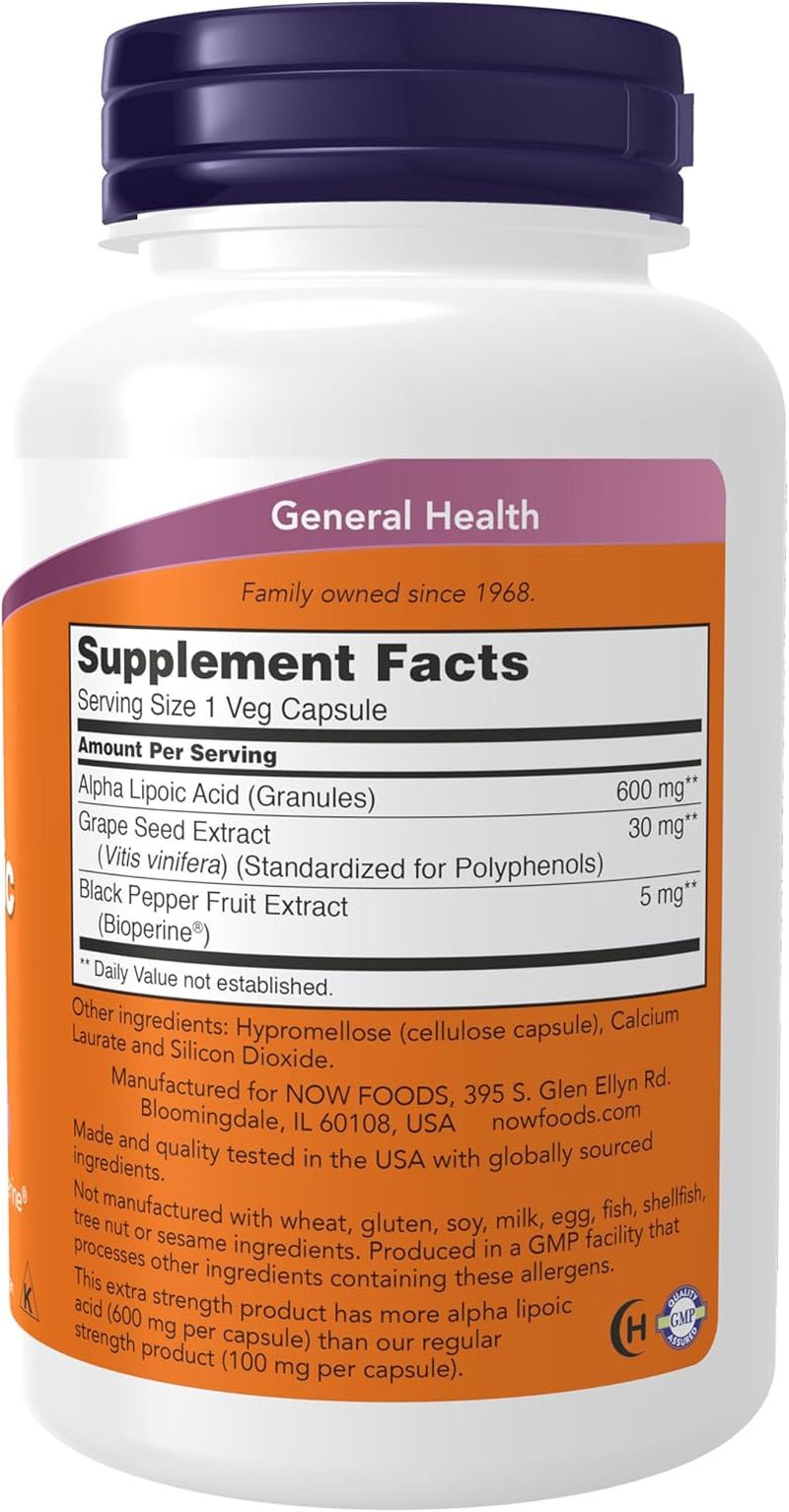 NOW Foods Supplements, Alpha Lipoic Acid 600 Mg with Grape Seed Extract & Bioperine®, Extra Strength, 120 Veg Capsules - Vitamen Store