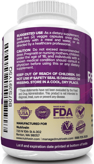 Nutrivein Resveratrol 1450mg – Antioxidant Supplement, 120 Capsules – With Trans - Resveratrol, Green Tea Leaf & Acai Berry - Vitamen Store