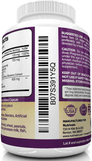 Nutrivein Resveratrol 1450mg – Antioxidant Supplement, 120 Capsules – With Trans - Resveratrol, Green Tea Leaf & Acai Berry - Vitamen Store