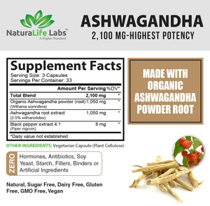 Organic Ashwagandha 2,100 mg - 100 Vegan Capsules - Vitamen Store