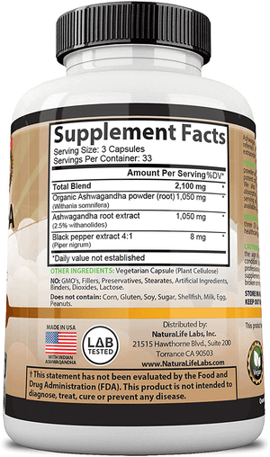 Organic Ashwagandha 2,100 mg - 100 Vegan Capsules - Vitamen Store