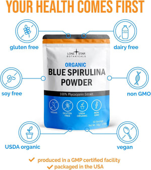 Organic Blue Spirulina Powder – 100% Pure Blue - Green Algae, No Fishy Smell – Natural Food Coloring for Smoothies & Protein Drinks – USDA Certified, Non - GMO, Gluten - Free, Vegan – 60 Servings - Vitamen Store