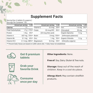 Organic Chlorella Spirulina Tablets, 3000Mg per Serving, 720 Counts, 4 Months Supply, 50/50 Blend Superfood, No Filler, No Additives, Cracked Cell Wall, Rich in Vegan Protein & Chlorophyll - Vitamen Store