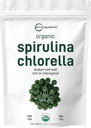 Organic Chlorella Spirulina Tablets, 3000Mg per Serving, 720 Counts, 4 Months Supply, 50/50 Blend Superfood, No Filler, No Additives, Cracked Cell Wall, Rich in Vegan Protein & Chlorophyll - Vitamen Store
