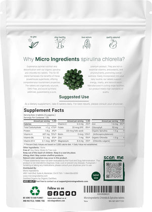Organic Chlorella Spirulina Tablets, 3000Mg per Serving, 720 Counts, 4 Months Supply, 50/50 Blend Superfood, No Filler, No Additives, Cracked Cell Wall, Rich in Vegan Protein & Chlorophyll - Vitamen Store