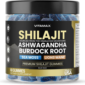 Organic Shilajit Gummies, Sea Moss, Ashwagandha, 105+ Trace Minerals – Organic Burdock Root & Lions Mane Mushroom - Blue Razz – Vegan & Non - Gmo – Made in USA – 60Ct - Vitamen Store