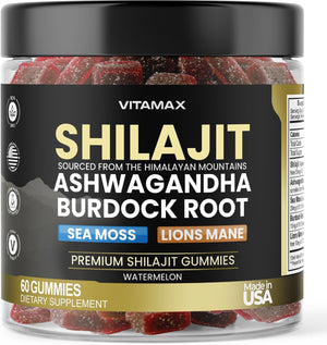 Organic Shilajit Gummies with Sea Moss, Ashwagandha, Burdock Root & Lion's Mane - Watermelon Flavor - Vegan, Non - GMO, USA Made - 60 Count - Vitamen Store
