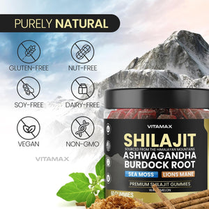 Organic Shilajit Gummies with Sea Moss, Ashwagandha, Burdock Root & Lion's Mane - Watermelon Flavor - Vegan, Non - GMO, USA Made - 60 Count - Vitamen Store