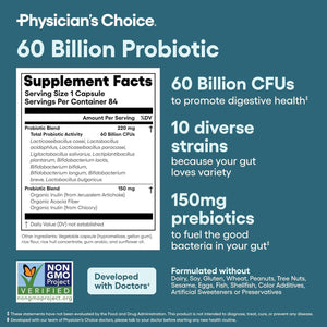 Physician'S CHOICE Probiotics 60 Billion CFU - 10 Strains + Organic Prebiotics - Immune, Digestive & Gut Health - Supports Occasional Constipation, Diarrhea, Gas & Bloating - for Women & Men - 60Ct - Vitamen Store
