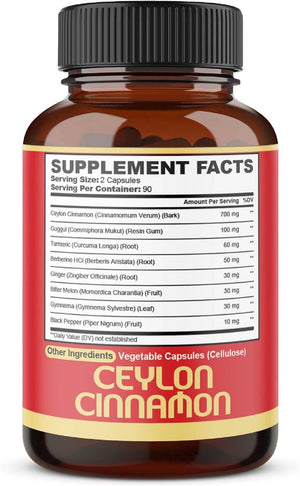 Premium Ceylon Cinnamon with Berberine – 8in1 Formula with Turmeric, Ginger, Gymnema & More – 180 Capsules - Vitamen Store