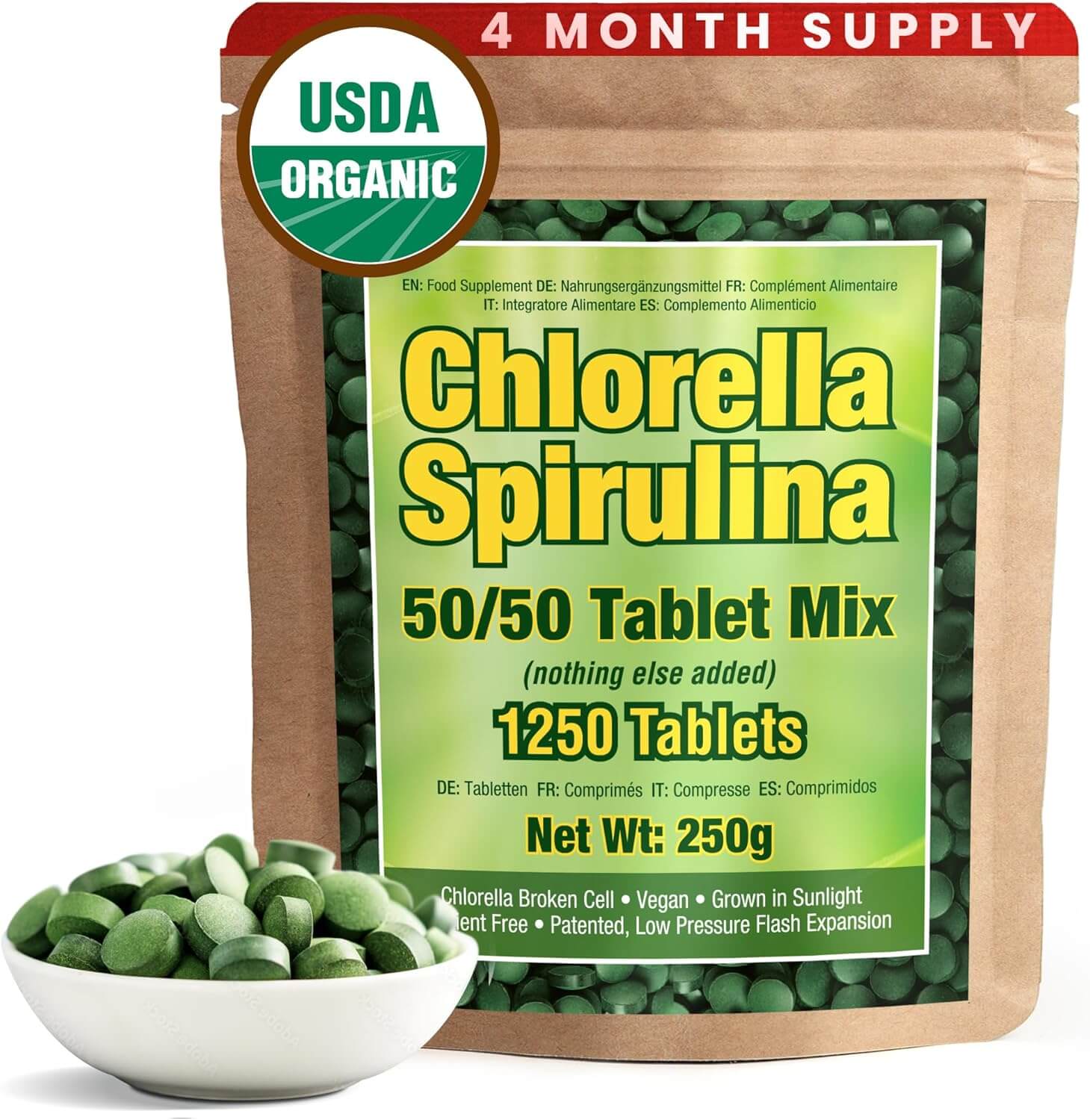 Premium Chlorella Spirulina | 1,250 TABLETS (4 Months Supply) | NON - GMO | Vegan Organic Capsules | Cracked Cell Wall | Alkalizing | High Protein with Iron, Zinc, Chlorophyll | by Good Natured - Vitamen Store