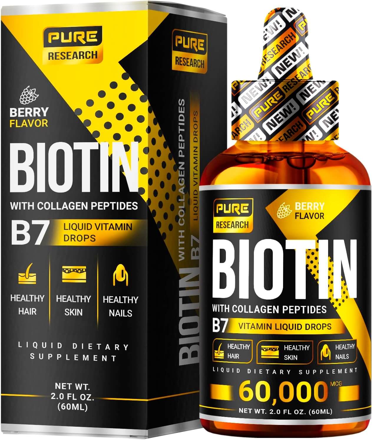 PURE RESEARCH Liquid Biotin & Collagen Drops – 60,000mcg – Supplement for Men & Women – 2oz - Vitamen Store
