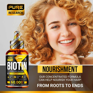 PURE RESEARCH Liquid Biotin & Collagen Drops – 60,000mcg – Supplement for Men & Women – 2oz - Vitamen Store