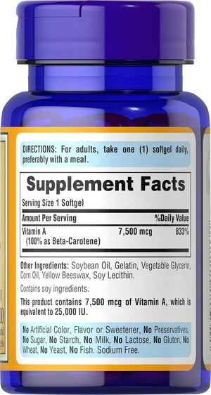 Puritan'S Pride Beta Carotene Provitamin a 7,500Mcg (25,000 IU), 100 Day Supply, 100 Rapid Release Softgels - Vitamen Store