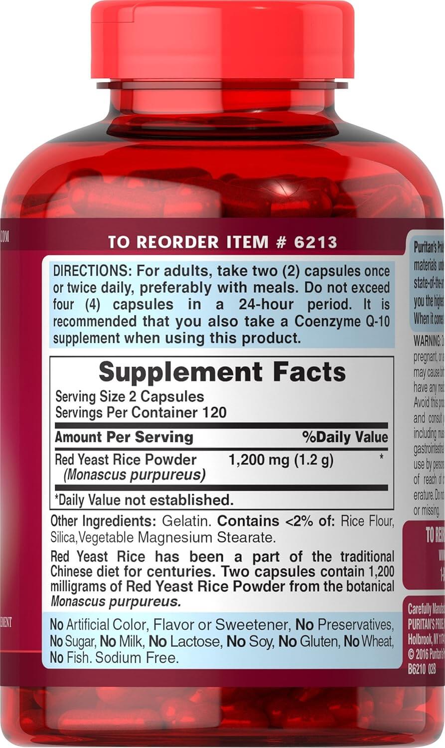 Puritans Pride Red Yeast Rice 600 mg Capsules, 240 Count - Vitamen Store