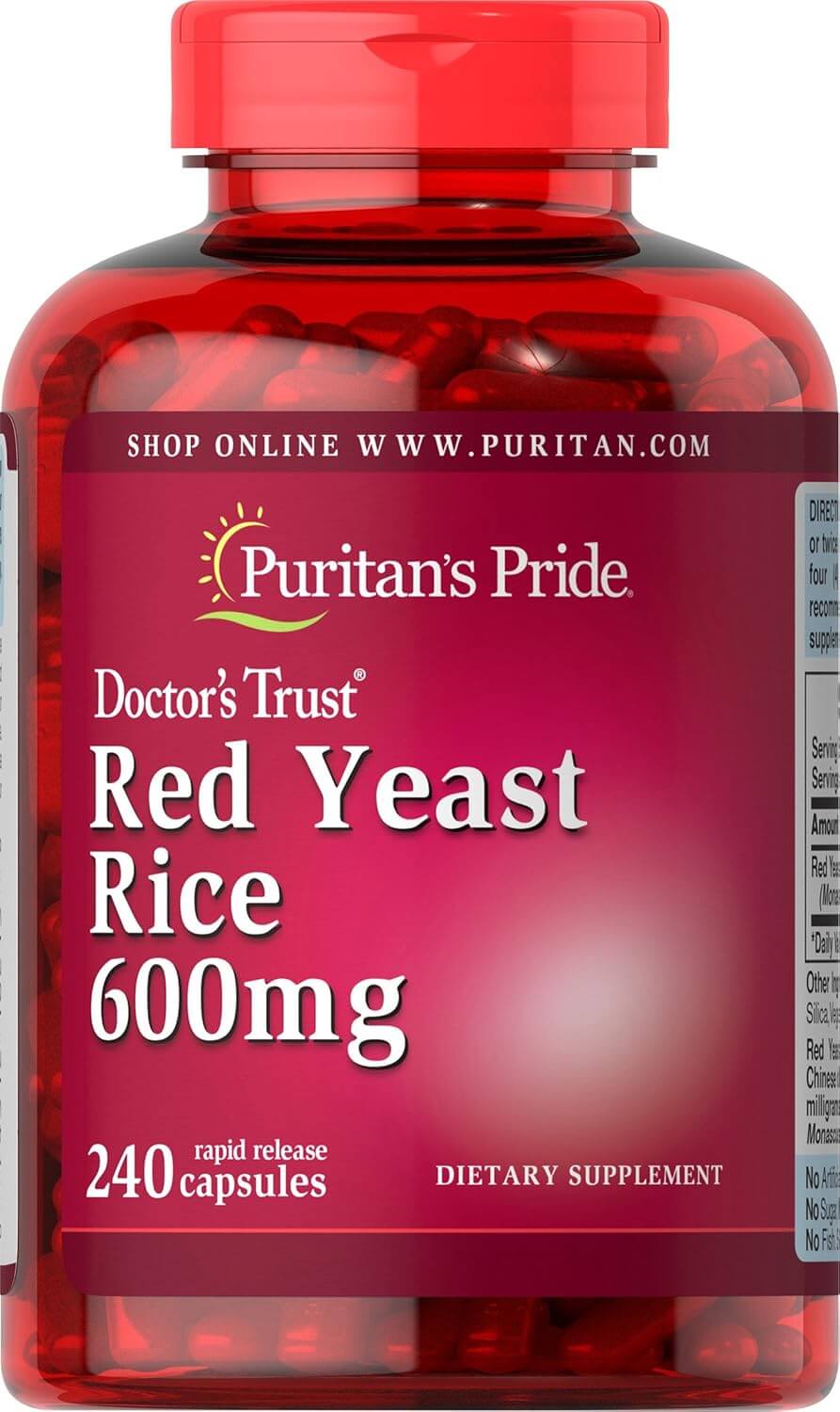 Puritans Pride Red Yeast Rice 600 mg Capsules, 240 Count - Vitamen Store
