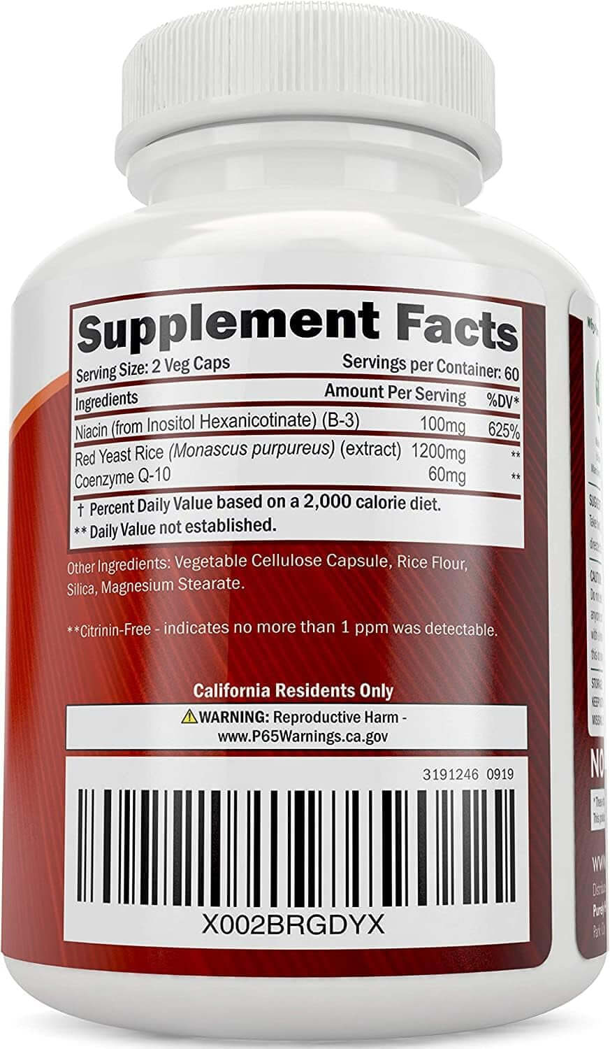Red Yeast Rice 1200mg with CoQ10 & Flush - Free Niacin – 120 Vegetarian Capsules, Non - Irradiated & Citrinin - Free - Vitamen Store
