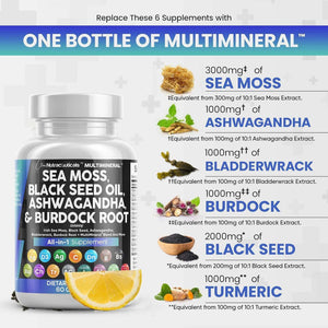 Sea Moss 3000Mg Black Seed Oil 2000Mg Ashwagandha 1000Mg Turmeric 1000Mg Bladderwrack 1000Mg Burdock 1000Mg & Vitamin C & D3 with Elderberry Manuka Dandelion Yellow Dock Iodine Chlorophyll ACV - Vitamen Store