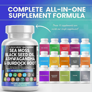Sea Moss 3000Mg Black Seed Oil 2000Mg Ashwagandha 1000Mg Turmeric 1000Mg Bladderwrack 1000Mg Burdock 1000Mg & Vitamin C & D3 with Elderberry Manuka Dandelion Yellow Dock Iodine Chlorophyll ACV - Vitamen Store