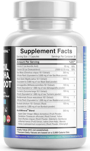 Sea Moss 3000Mg Black Seed Oil 2000Mg Ashwagandha 1000Mg Turmeric 1000Mg Bladderwrack 1000Mg Burdock 1000Mg & Vitamin C & D3 with Elderberry Manuka Dandelion Yellow Dock Iodine Chlorophyll ACV - Vitamen Store