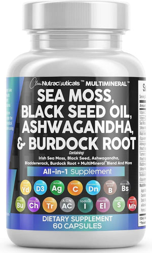 Sea Moss 3000Mg Black Seed Oil 2000Mg Ashwagandha 1000Mg Turmeric 1000Mg Bladderwrack 1000Mg Burdock 1000Mg & Vitamin C & D3 with Elderberry Manuka Dandelion Yellow Dock Iodine Chlorophyll ACV - Vitamen Store