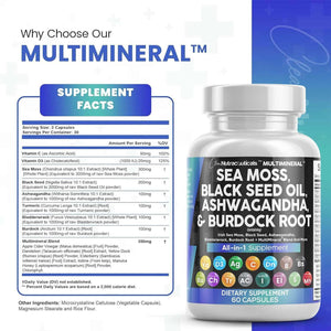 Sea Moss 3000Mg Black Seed Oil 2000Mg Ashwagandha 1000Mg Turmeric 1000Mg Bladderwrack 1000Mg Burdock 1000Mg & Vitamin C & D3 with Elderberry Manuka Dandelion Yellow Dock Iodine Chlorophyll ACV - Vitamen Store