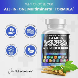 Sea Moss 3000Mg Black Seed Oil 2000Mg Ashwagandha 1000Mg Turmeric 1000Mg Bladderwrack 1000Mg Burdock 1000Mg & Vitamin C & D3 with Elderberry Manuka Dandelion Yellow Dock Iodine Chlorophyll ACV - Vitamen Store