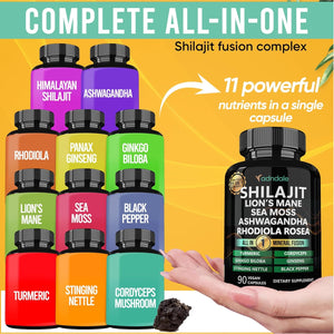 Shilajit Capsules – 11 - in - 1 Pure Himalayan Organic Blend with Sea Moss, Ashwagandha, Rhodiola Rosea, Panax Ginseng, Turmeric, Lion’s Mane, and Ginkgo – For Daily Use – 60 Capsules - Vitamen Store