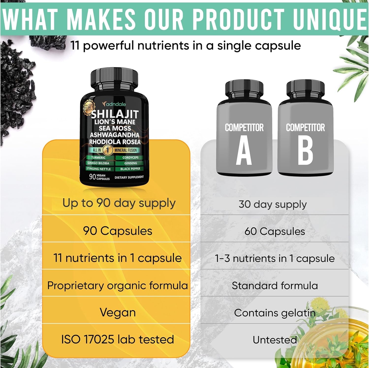 Shilajit Capsules – 11 - in - 1 Pure Himalayan Organic Blend with Sea Moss, Ashwagandha, Rhodiola Rosea, Panax Ginseng, Turmeric, Lion’s Mane, and Ginkgo – For Daily Use – 60 Capsules - Vitamen Store