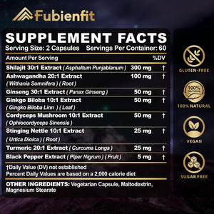 Shilajit Capsules - Premium Shilajit for Men - with Ashwagandha Ginseng and More Fulvic Acid for Men/Women - 120 Capsules - Vitamen Store