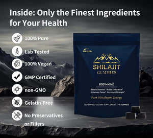 Shilajit Gummies with Ashwagandha, Turmeric - Organic, Zero Sugar & Vegan - Friendly Himalayan Shilajit for Men & Women - Energy, Calm Cosrtisol, Sleep, Immune Support & Overall Health - Vitamen Store