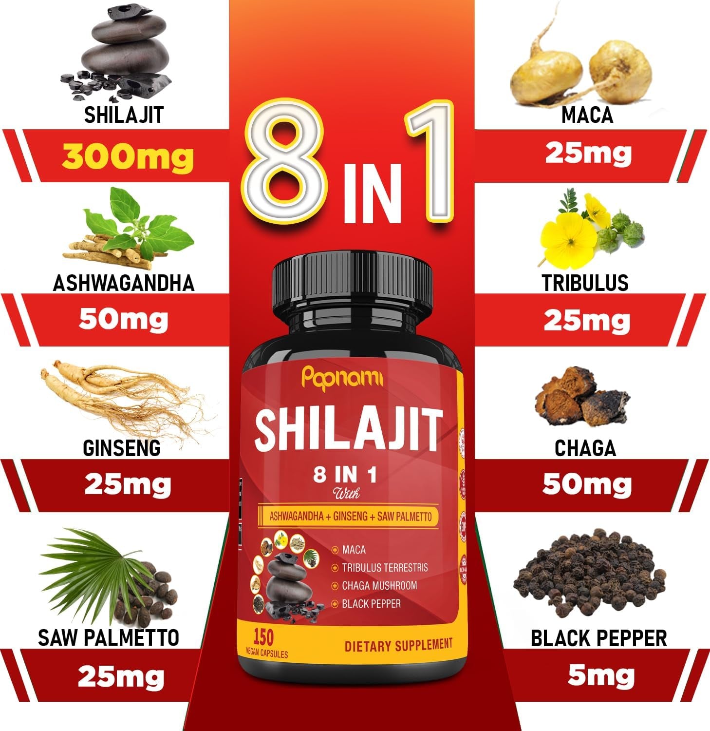 Shilajit Himalayan Supplement – 150 Capsules with Ashwagandha, Ginseng, Saw Palmetto, Maca, Tribulus, Chaga & Black Pepper - Vitamen Store