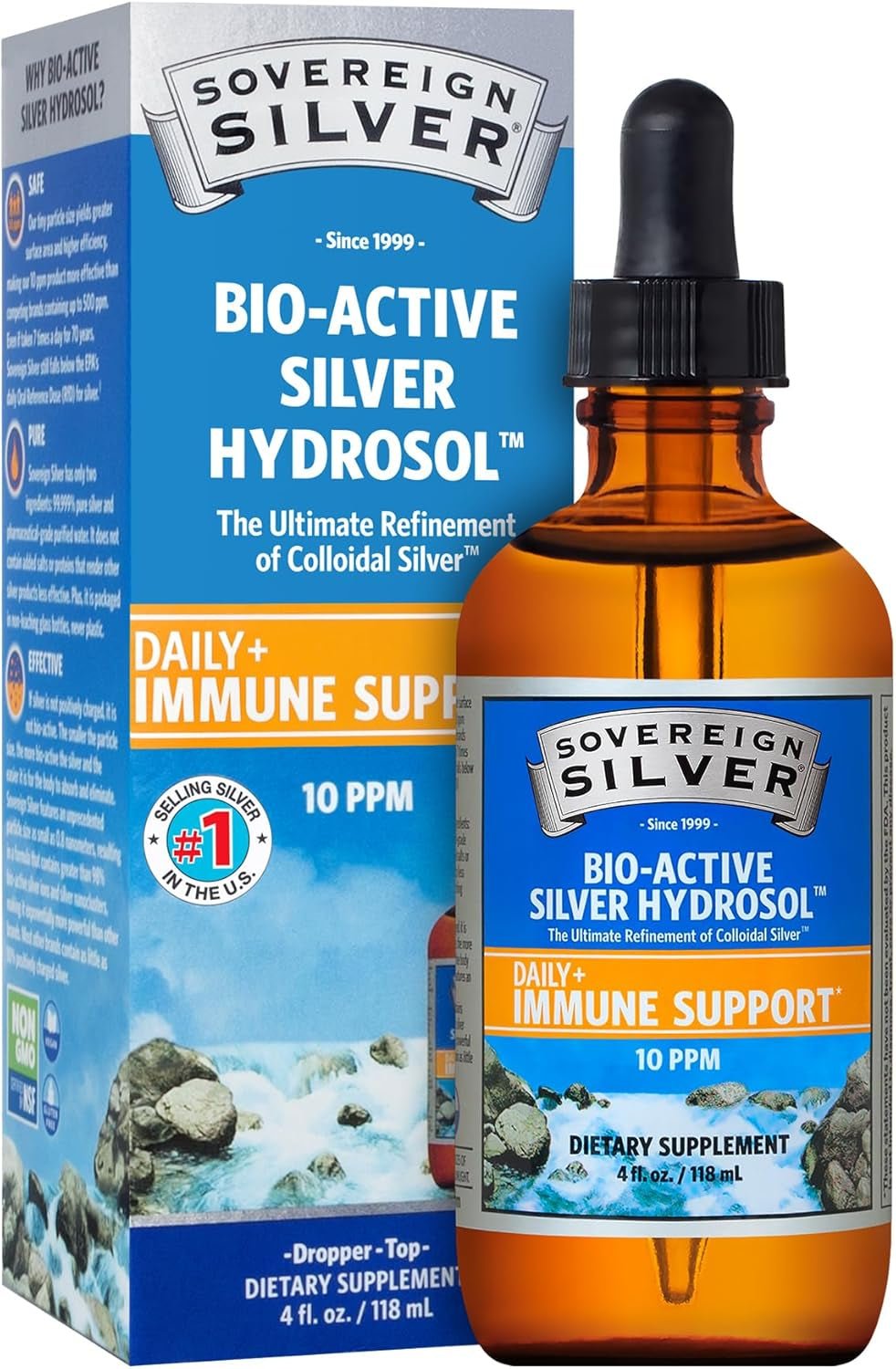 Sovereign Silver Immune Support - Colloidal Silver Mineral Supplement – Liquid Bio - Active Silver Hydrosol - 10Ppm - 4Oz (118Ml) Dropper - Vitamen Store