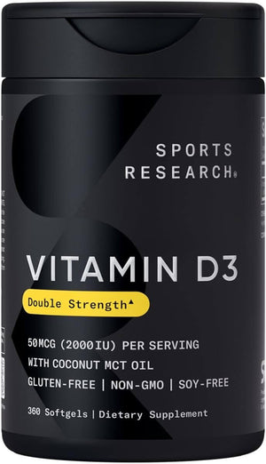 Sports Research 2000 Iu Vitamin D3 Supplement with Organic Coconut Oil - Vitamin D for Strong Bones & Immune Health - Supports Calcium Absorption - Non - Gmo - 50Mcg, 360 Mini Softgels for Adults - Vitamen Store