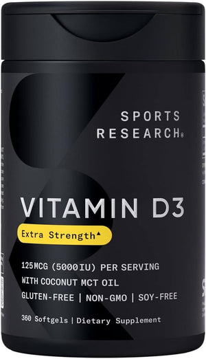 Sports Research 5000 Iu Vitamin D3 Supplement with Organic Coconut Oil - Vitamin D for Strong Bones & Immune Health - Supports Calcium Absorption - Non - Gmo - 125Mcg, 360 Mini Softgels for Adults - Vitamen Store
